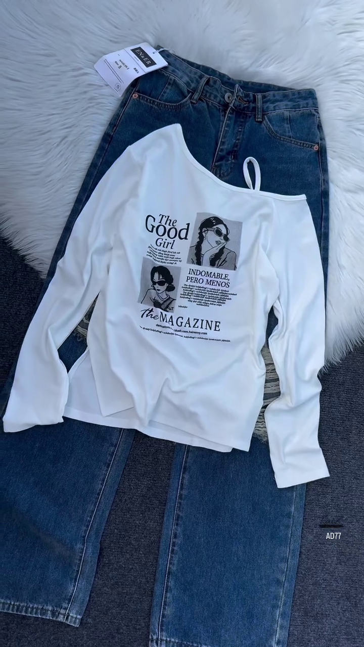 Burgundy Graphic Off-Shoulder Top & Distressed Denim Jeans Set - Image 2