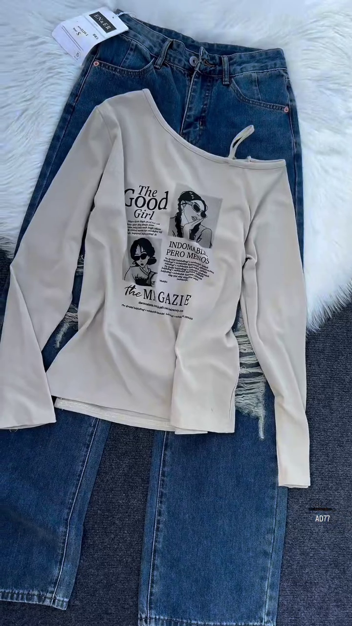 Burgundy Graphic Off-Shoulder Top & Distressed Denim Jeans Set - Image 4