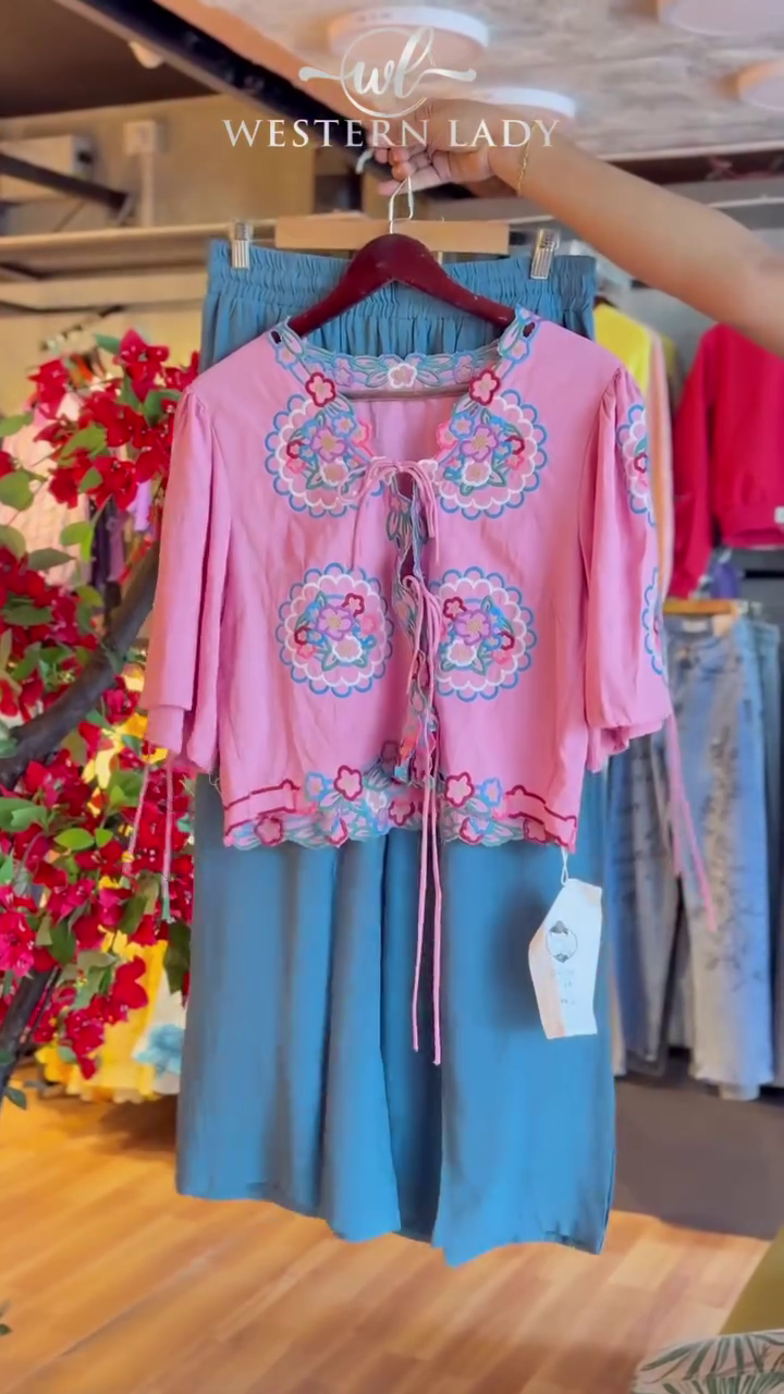 Rosette Tie-Front Top & Indigo Panel Skirt