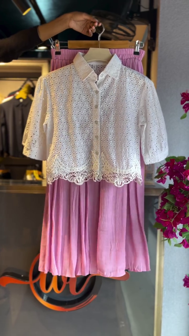 Eyelet Lace Blouse & Rose Pleat Skirt