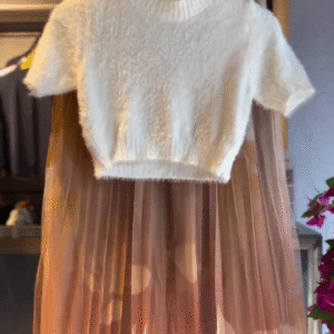 Fuzzy White Knit & Mocha Sheer Pleats