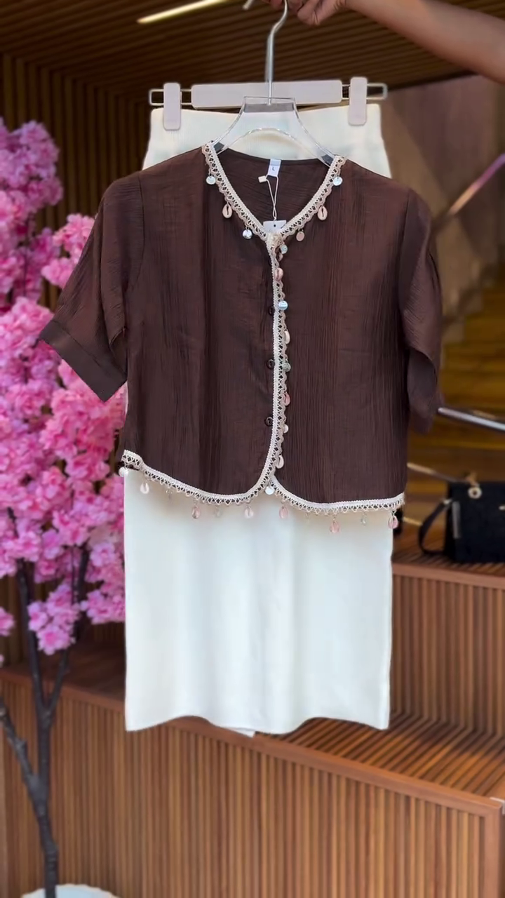 Beaded Trim Blouse in Cocoa & White Skirt