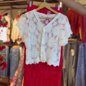 Crochet Bloom Top in White & Fringe Skirt in Crimson