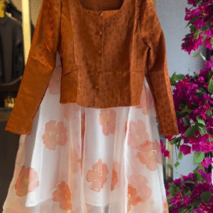 Textured Button Blouse in Cocoa & Floral Skirt in Ivory Rose