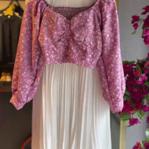 Ruched Floral Top in Rose & Pleated Skirt in Ivory