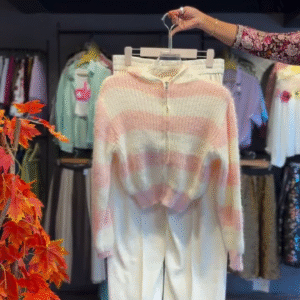 Striped Zip Hoodie in Pastel Pink & Cream High-Waist Pants