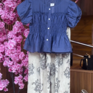 Gathered Button Blouse in Sky & Wide-Leg Floral Pants in Mist