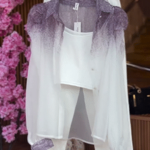 Gradient Sheer Shirt in Plum Mist & Cuffed Pants in White Lavender