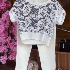 Abstract Knit Top in Stone & White Straight-Leg Pants
