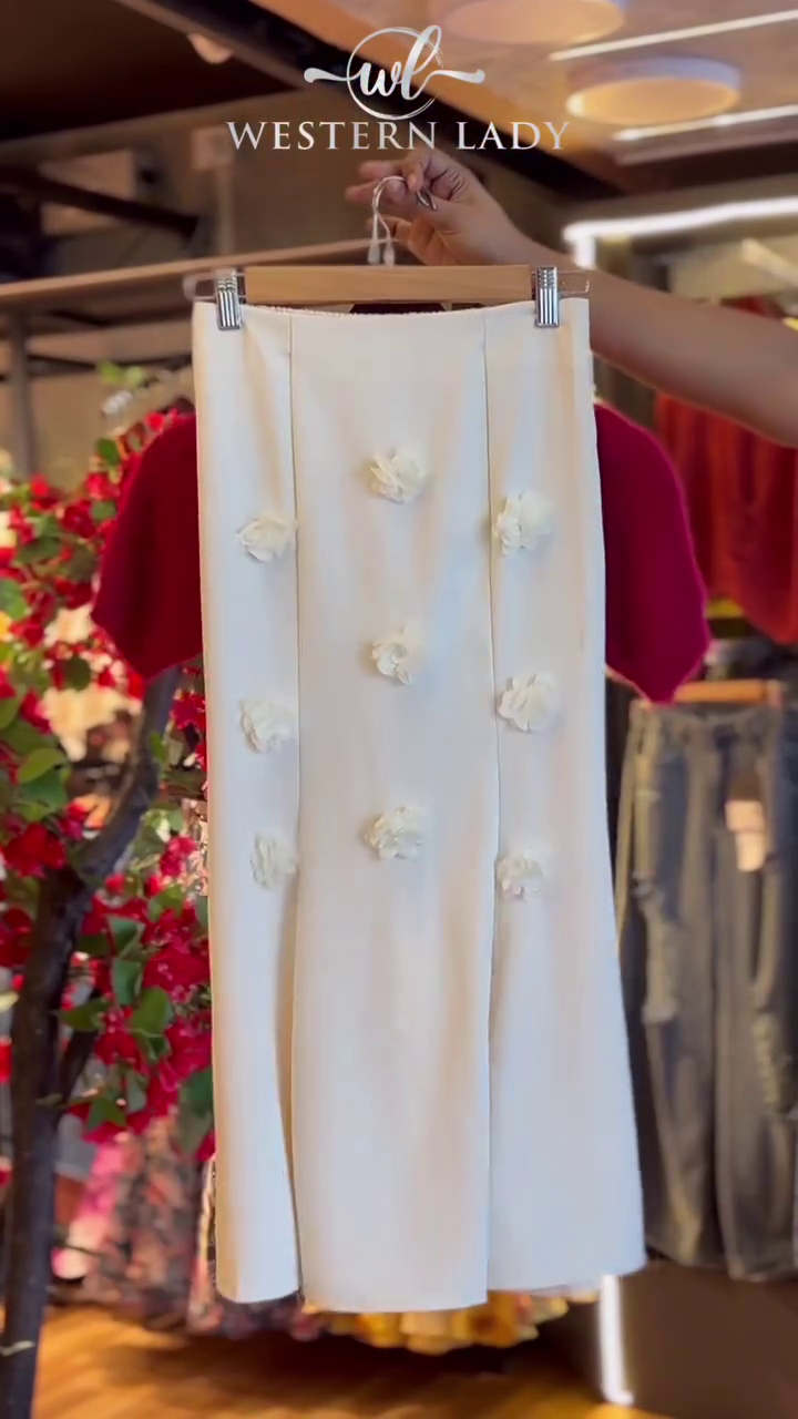 Fuzzy Crop Top in Crimson & Pleated Skirt in Cream - Image 2