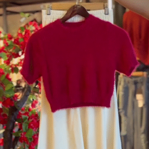 Fuzzy Crop Top in Crimson & Pleated Skirt in Cream