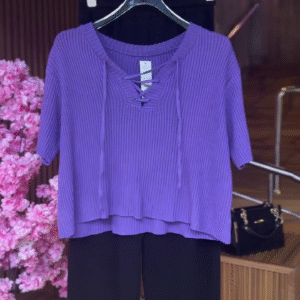 Lace-Up Ribbed Top in Violet & Black Pants