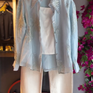 Embroidered Sheer Shirt in Sky & White Shorts