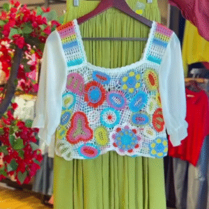 Crochet Vest in Multicolor & Pleated Skirt in Mint