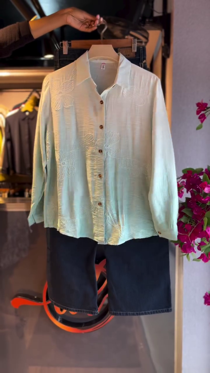 Embroidered Shirt in Sage & Denim Shorts in Black