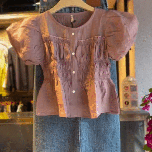 Ruched Blouse in Mauve & Denim Skirt in Medium Wash