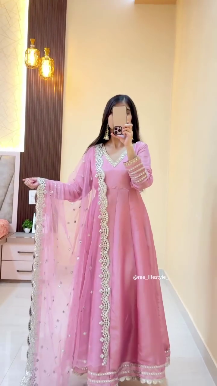 Elegant Baby Pink Heavy Embellished Anarkali Set with Mirror-Work Dupatta
