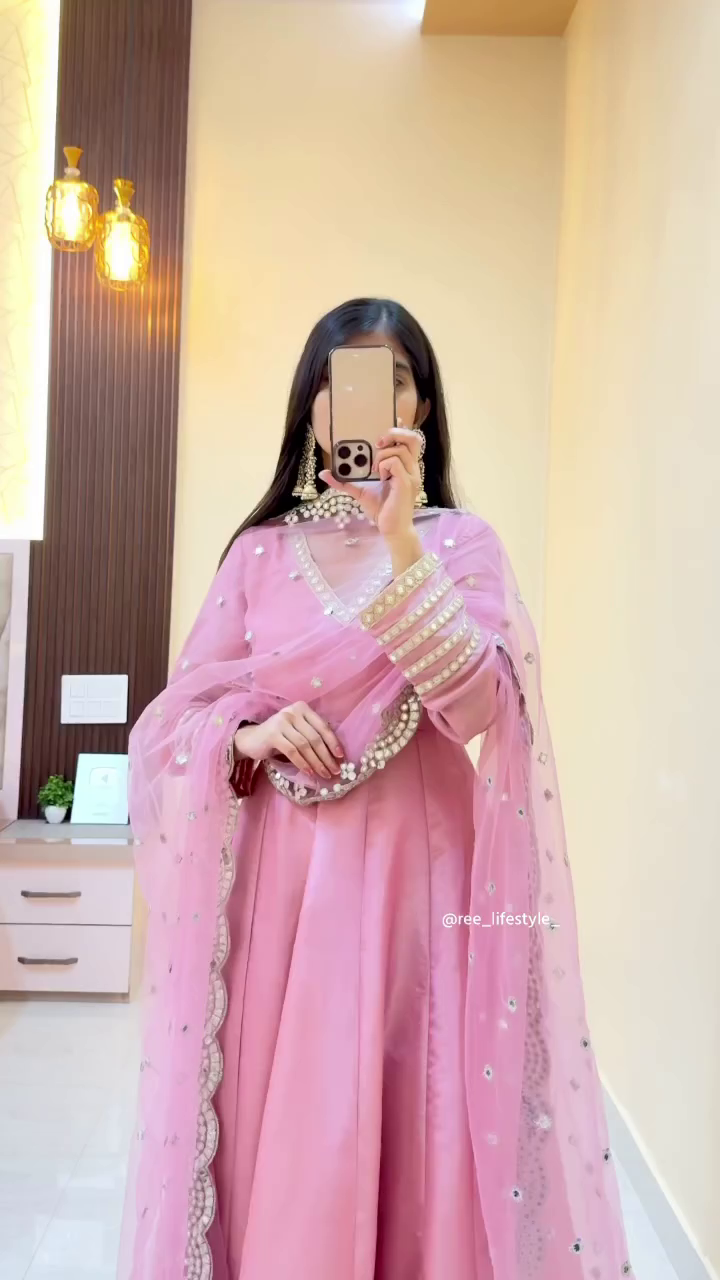 Elegant Baby Pink Heavy Embellished Anarkali Set with Mirror-Work Dupatta - Image 2