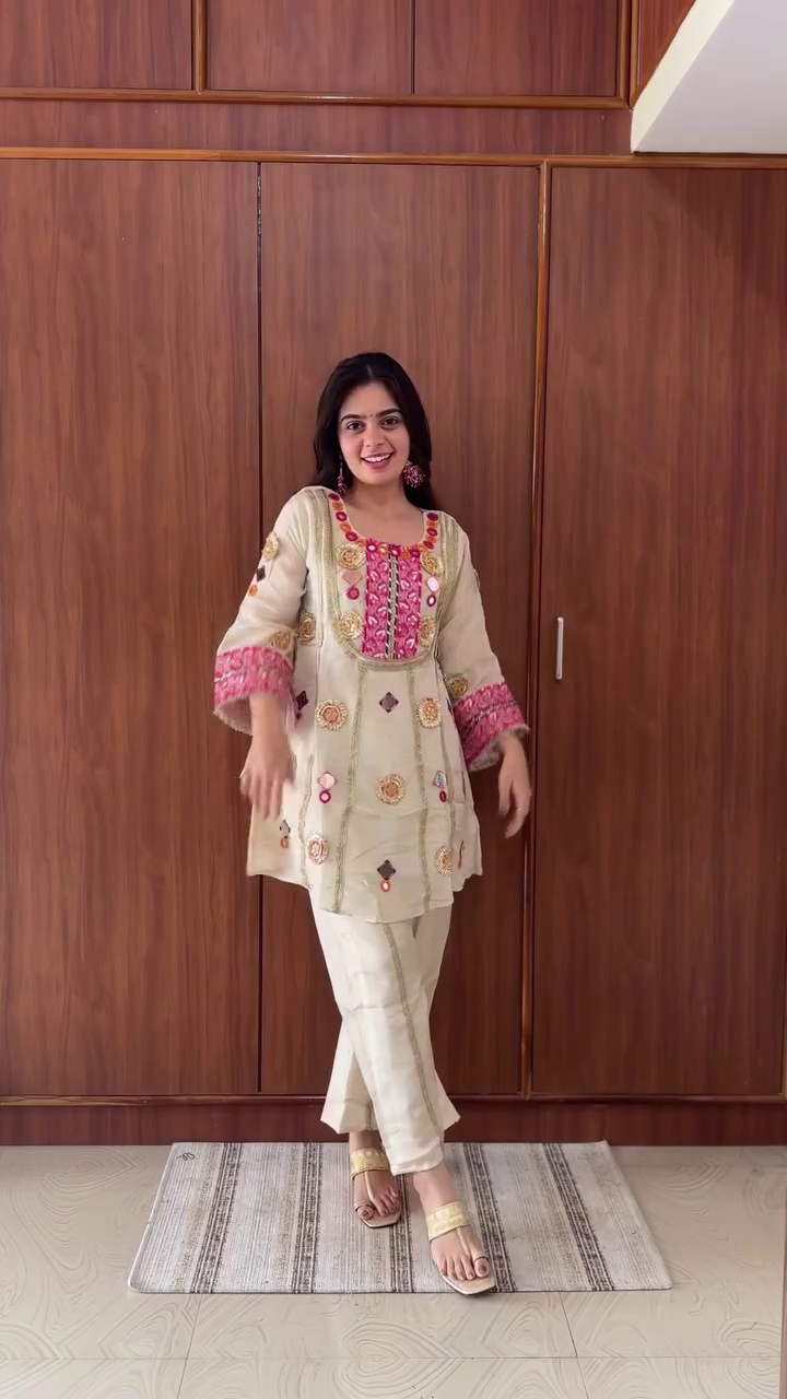 Cream Mirror-Work Short Kurti & Pant Set with Contrasting Pink Yoke