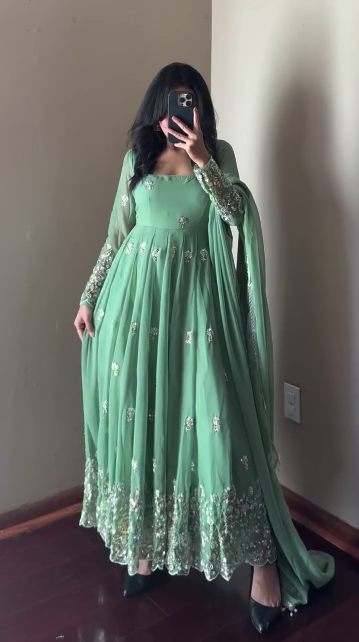 Pastel Mint Green Heavy Embroidered Anarkali Suit with Dupatta – Premium Festive Edition - Image 2
