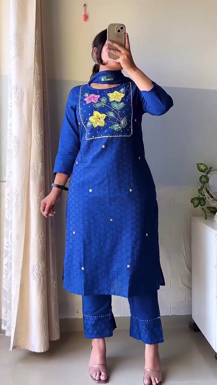 Royal Blue Floral Hand-Embroidered Straight Kurta Set with Matching Pants & Dupatta