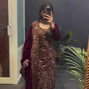 Maroon Heavy Embroidered Velvet Ghervar Suit Set – Royal Winter Festive Wear