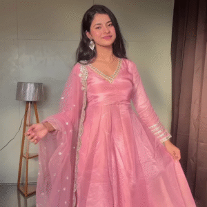 Blush Pink Silk Anarkali Suit with Mirror-Work Dupatta – Elegant Festive Wear