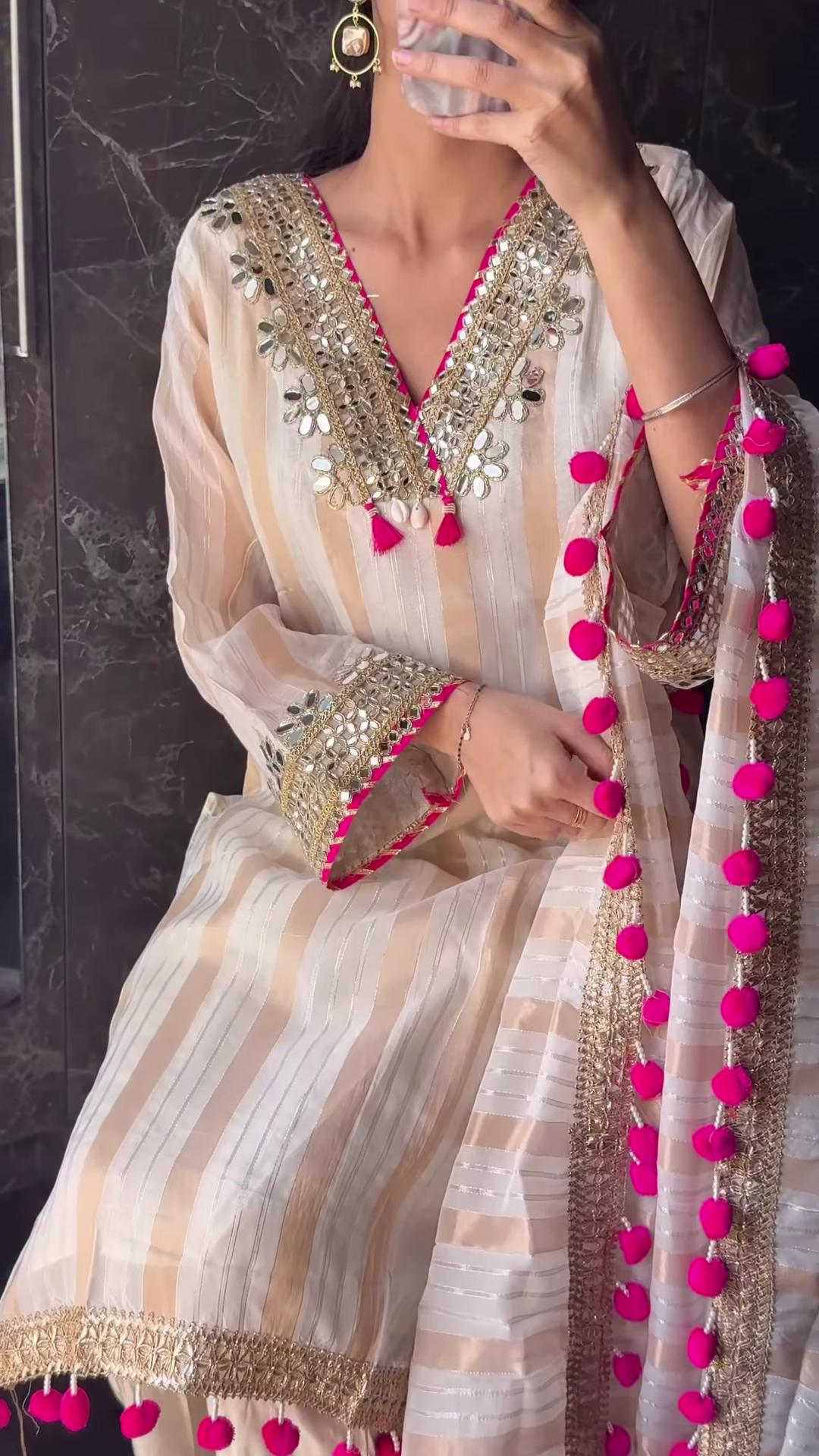 Cream & Gold Striped Mirror-Work Suit Set with Pink Pom-Pom Dupatta - Image 2