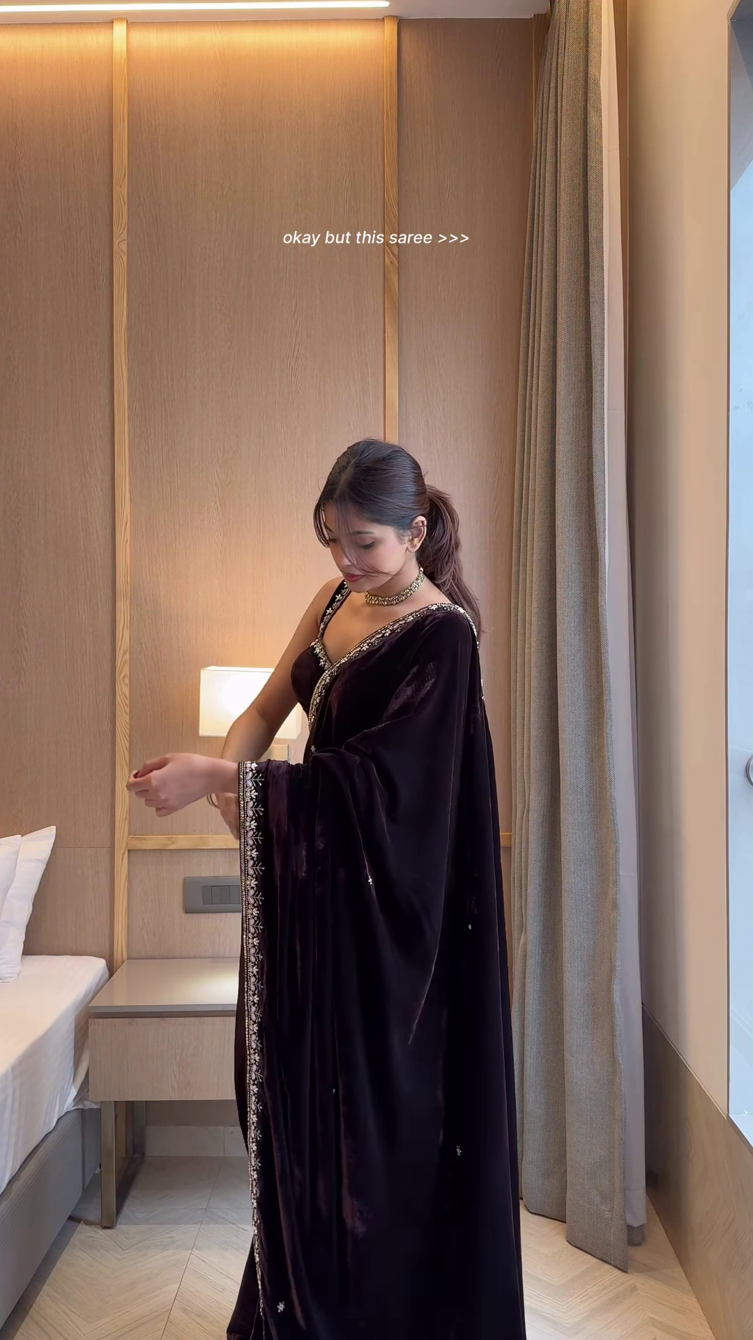 Premium Black Velvet Saree with Hand-Embroidered Silver Border - Image 2