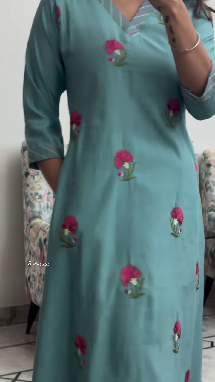 Teal Blue Floral Embroidered Straight Kurti with Striped V-Neck Detailing