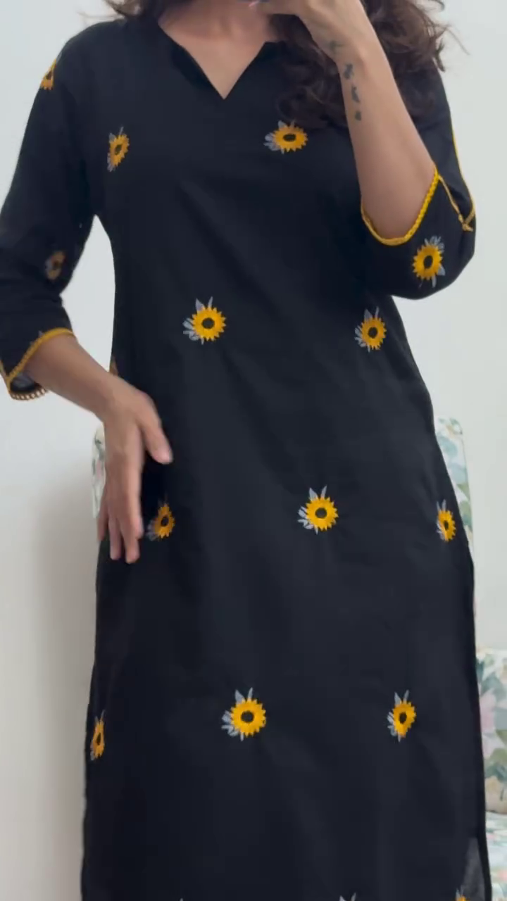 Black Sunflower Embroidered Straight Kurti with Matching Pants - Image 2