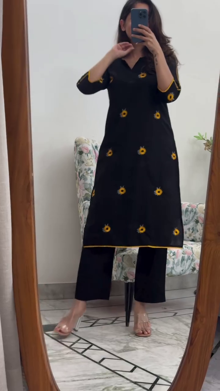 Black Sunflower Embroidered Straight Kurti with Matching Pants