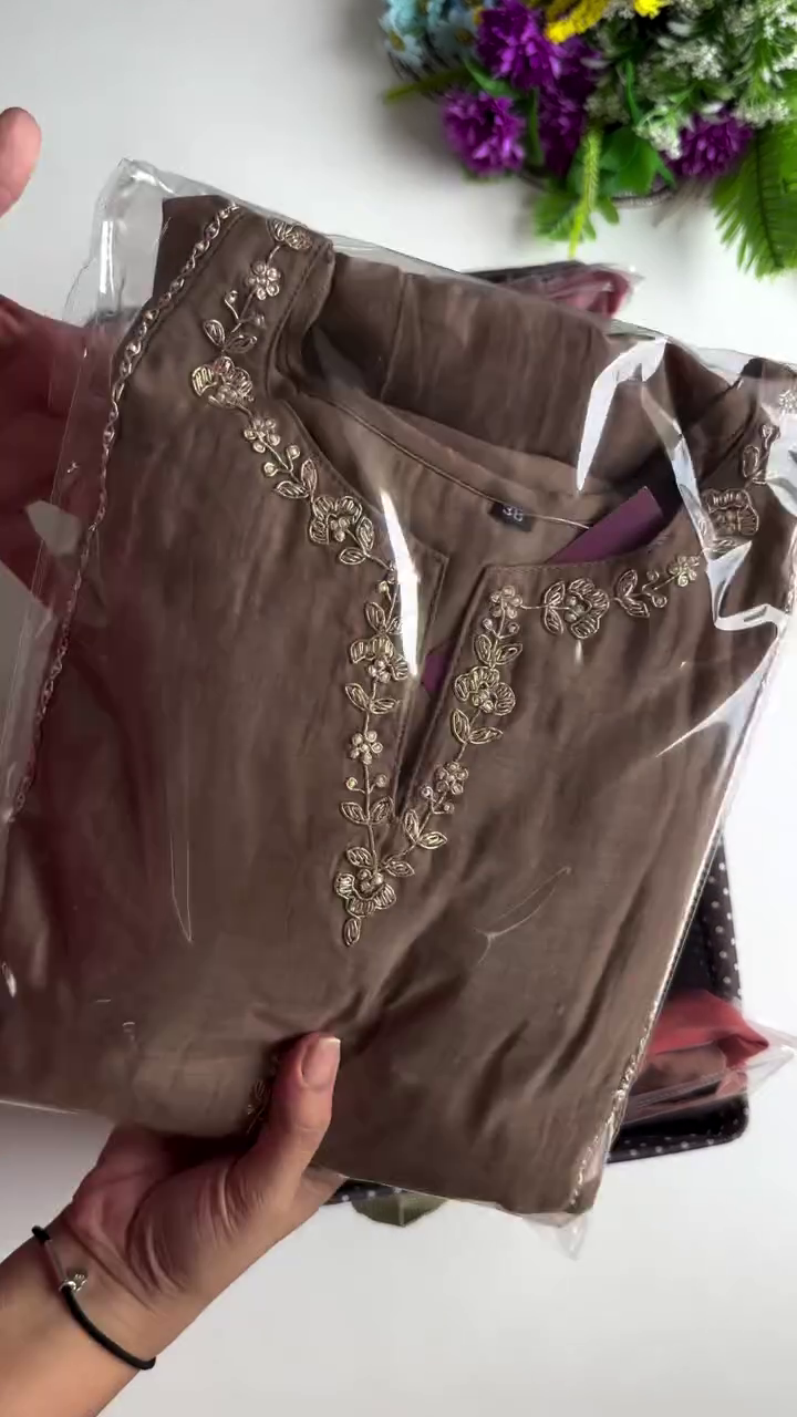 Taupe Brown Embroidered V-Neck Cotton Kurta Set