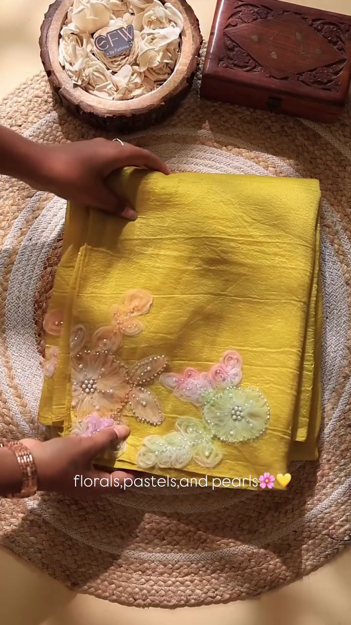 Sunshine Yellow Organza Dupatta with 3D Floral & Pearl Handwork - Image 2