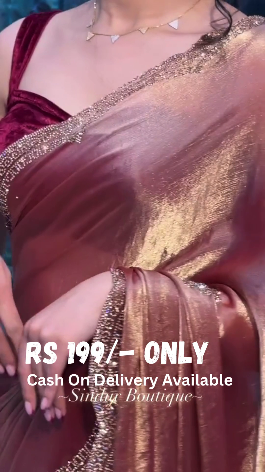 Luxe Rose Gold Velvet Saree with Shimmering Embellished Border