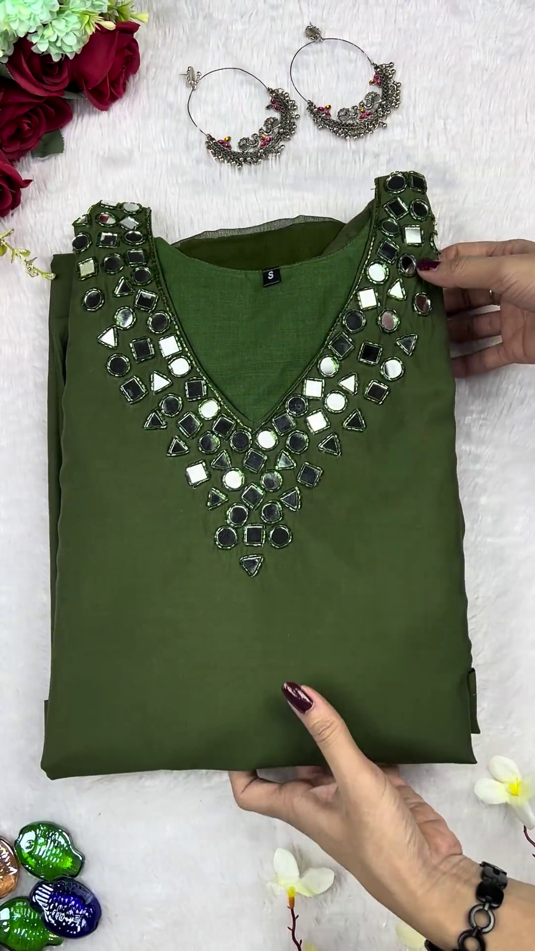 Forest Green Mirror-Work Designer Kurti