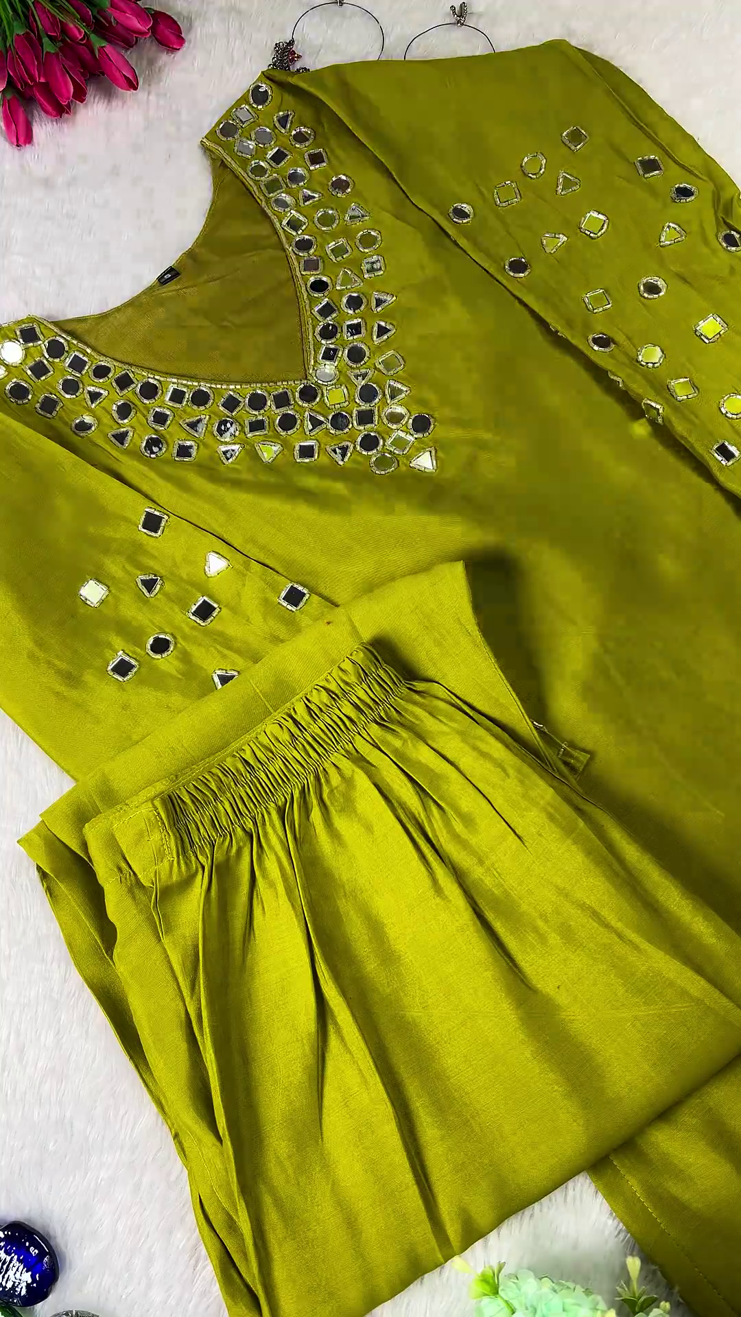 Lime Olive Mirror-Work Designer Kurta Set - Image 2