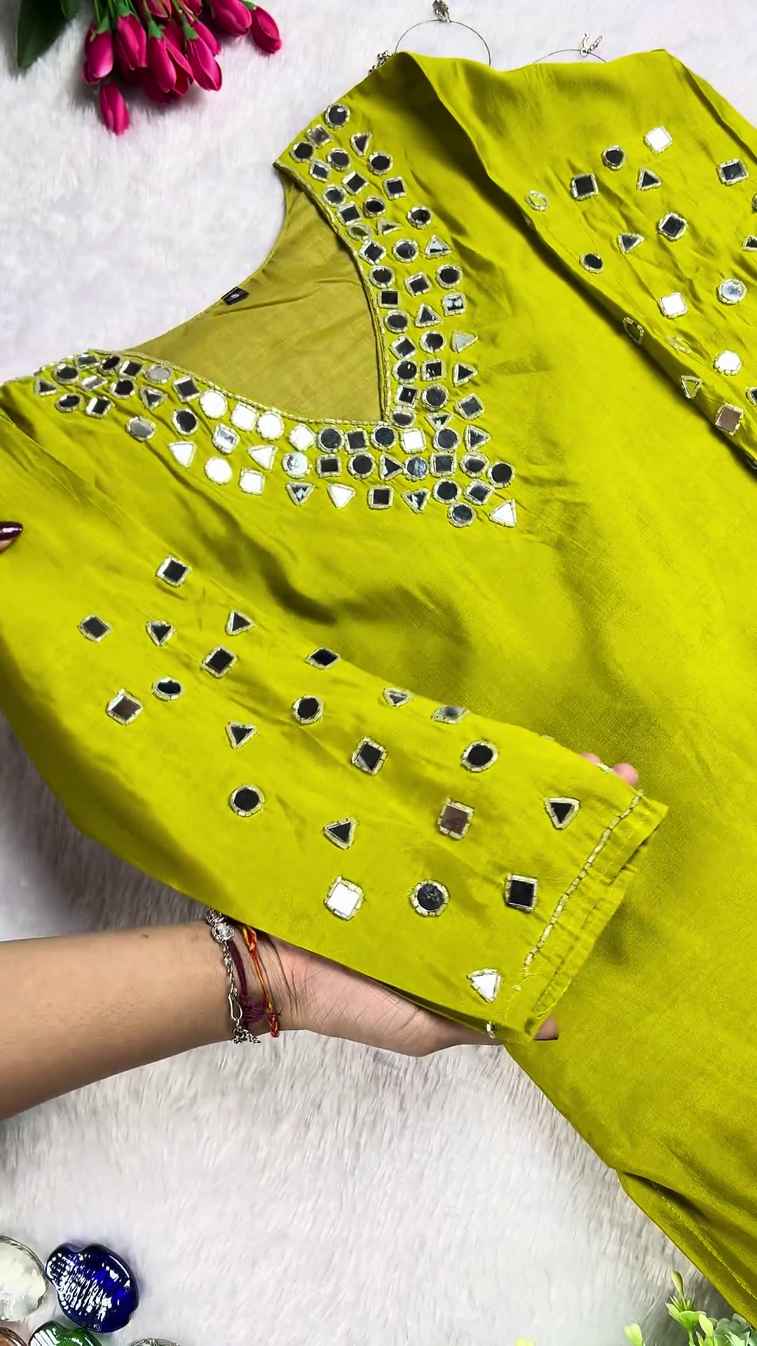 Lime Olive Mirror-Work Designer Kurta Set - Image 3
