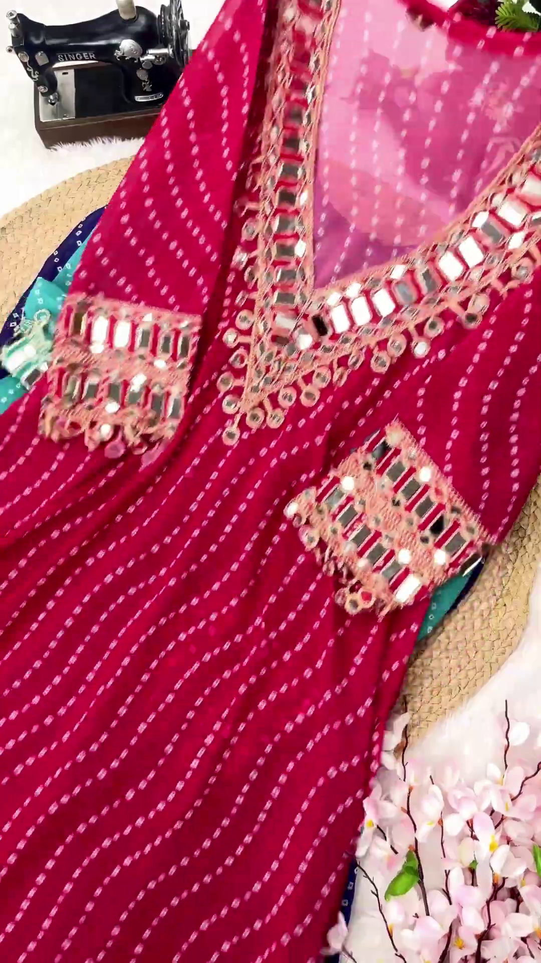 Vibrant Rani Pink Bandhani Anarkali with Heavy Mirror Work