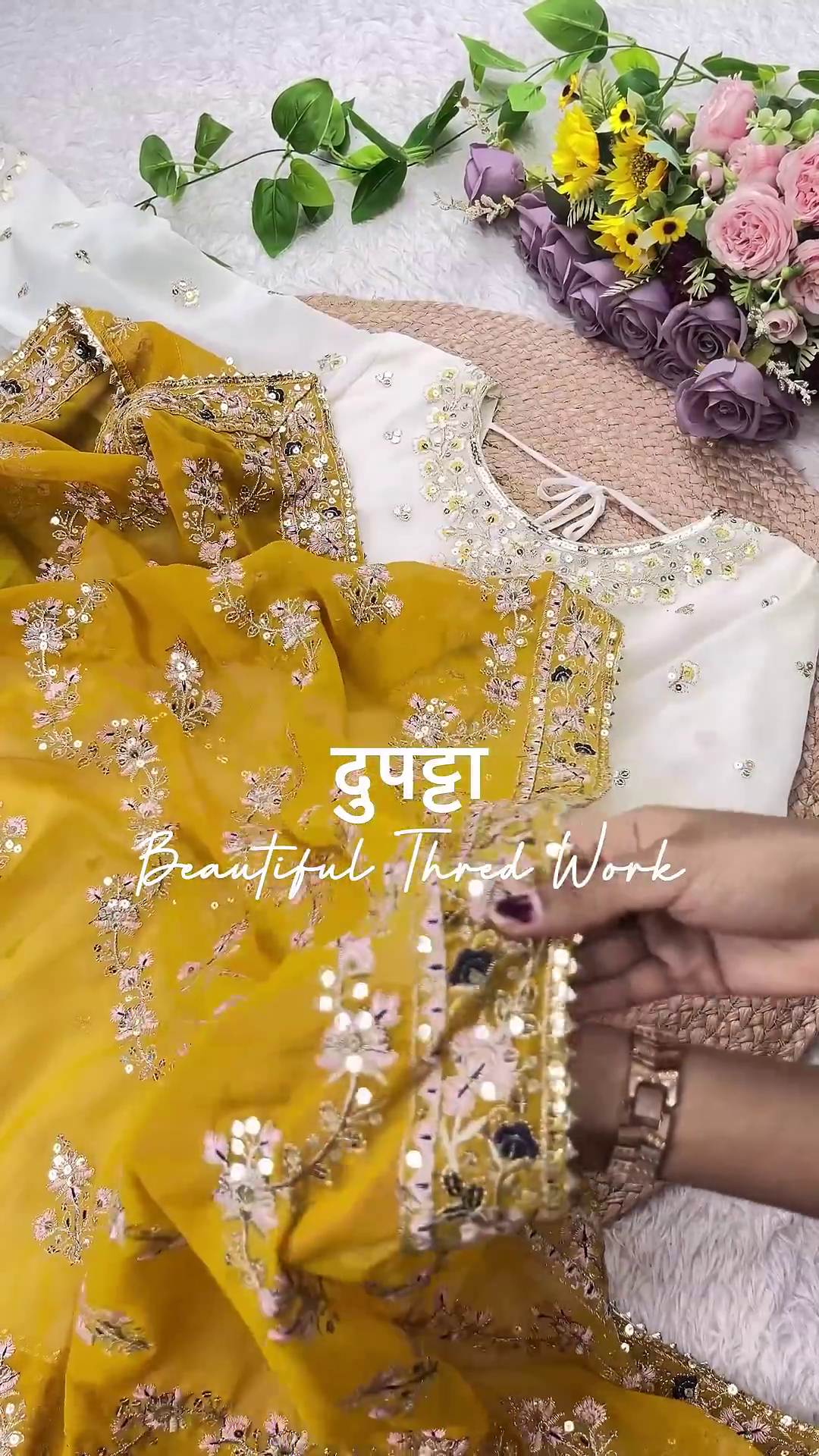 Ethereal White Anarkali with Mustard Floral Highlights - Image 5