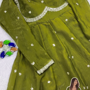Regal Olive Green Scalloped Anarkali Gown