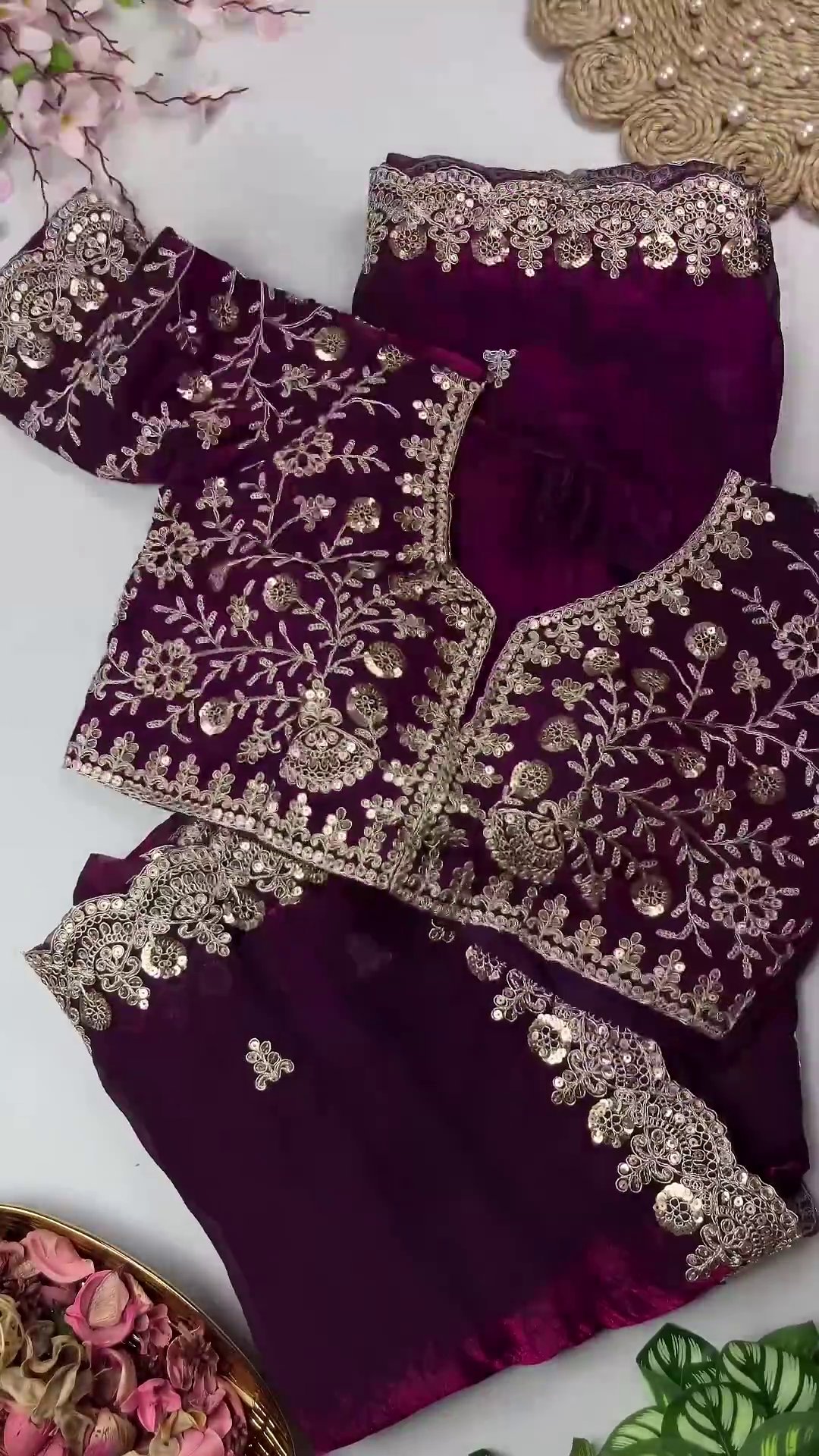 Grand Maroon Velvet Saree Set with Floral Zari jaal - Image 4