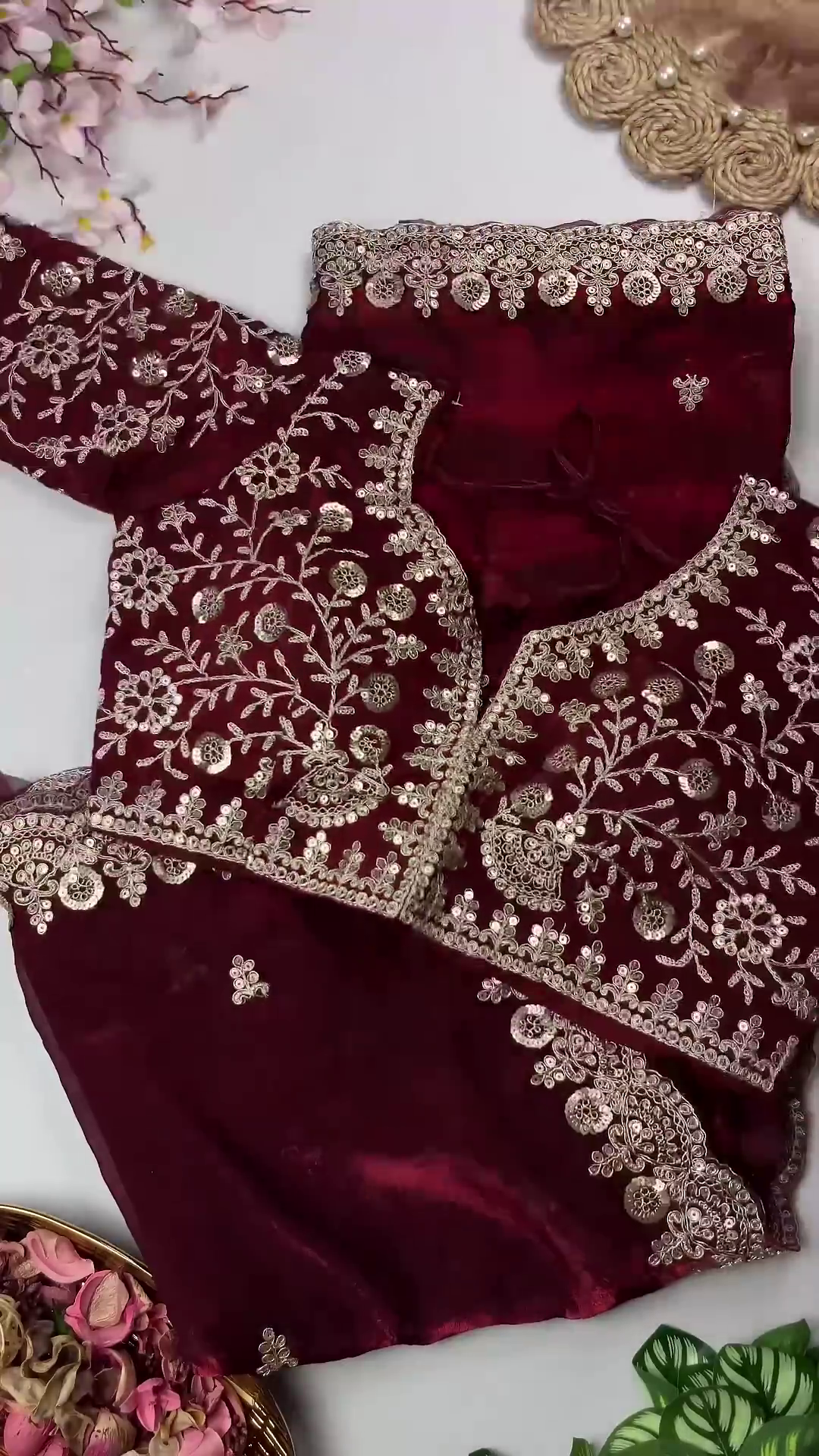 Grand Maroon Velvet Saree Set with Floral Zari jaal - Image 3