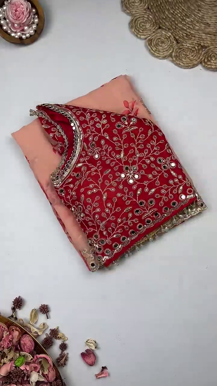 Peach Blossom Saree with Scalloped Mirror-Work Border