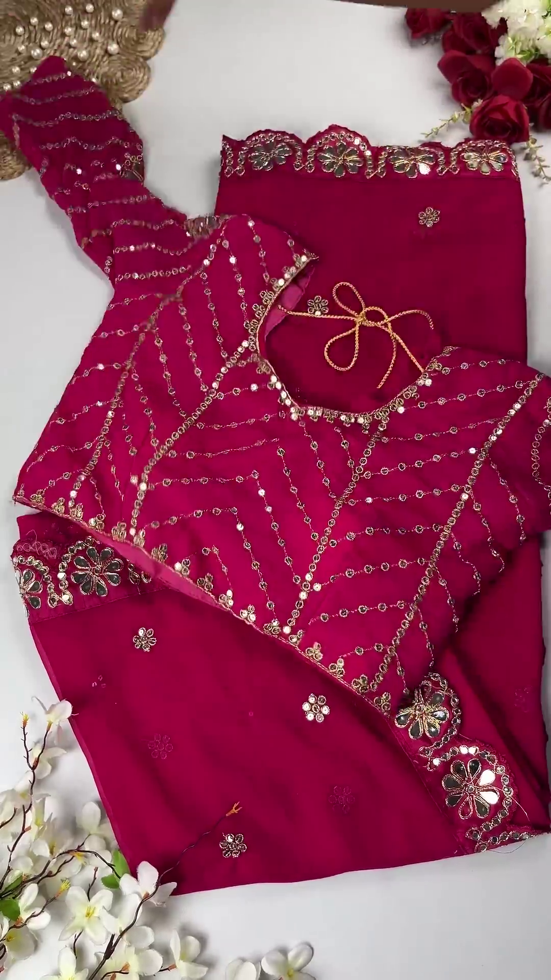 Crimson Silk-Blend Blouse with Floral Zari Jaal and Pearl Droplets - Image 8