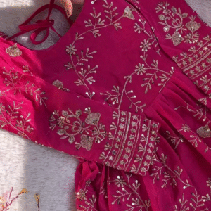 Hot Pink Silk-Blend Anarkali with Golden Floral Jaal and Sequin Highlights