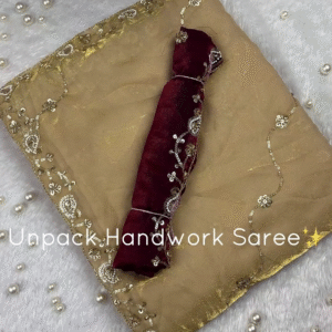 Champagne Gold Handwork Saree with Wine Velvet Border and Floral Zari