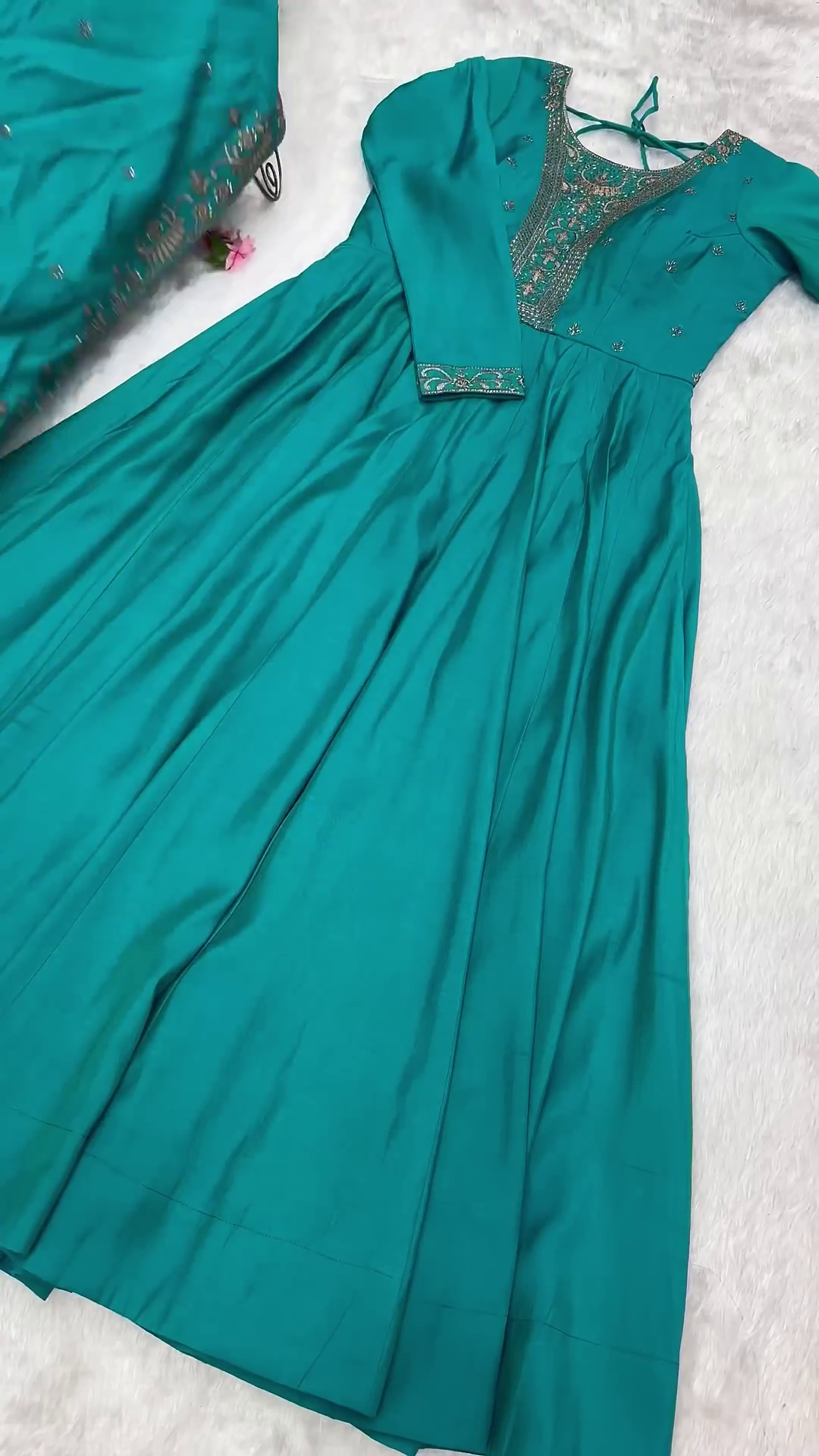 Emerald Teal Silk Anarkali Set with Intricate Zari and Threadwork Bodice - Image 4