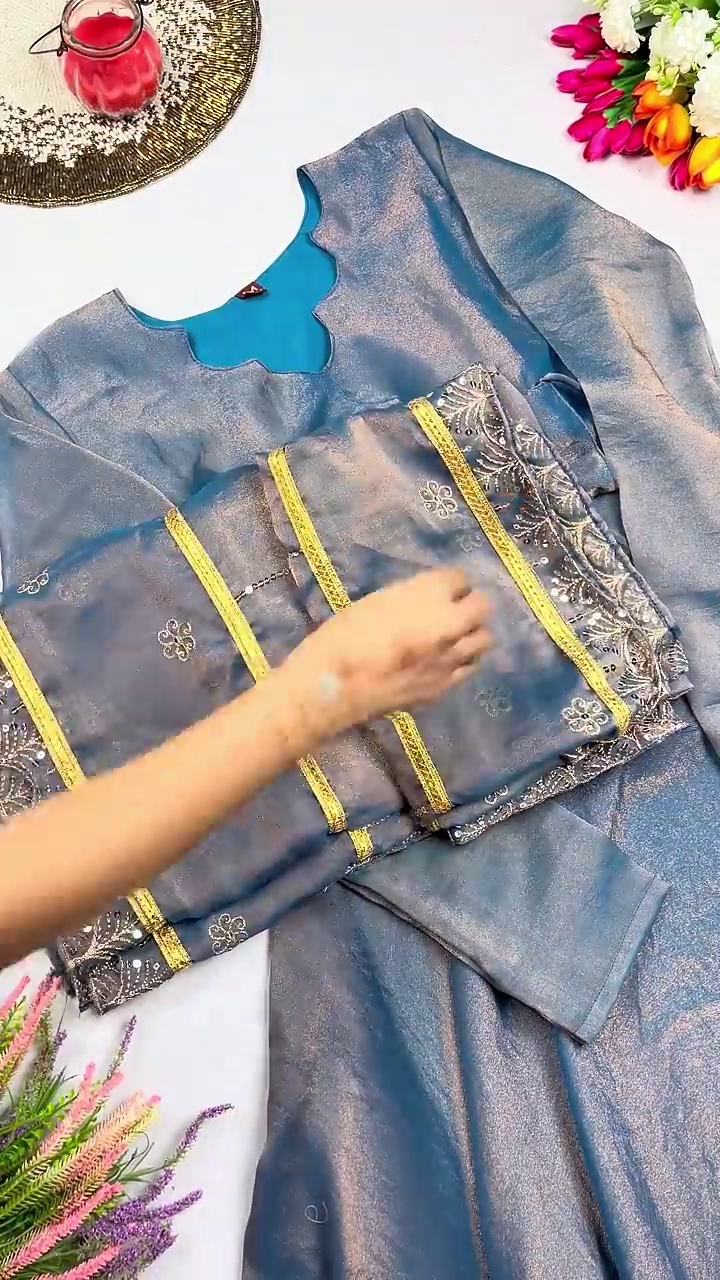 Celestial Blue Shimmer Gown with Scalloped Neckline and Fluid Drapery - Image 3