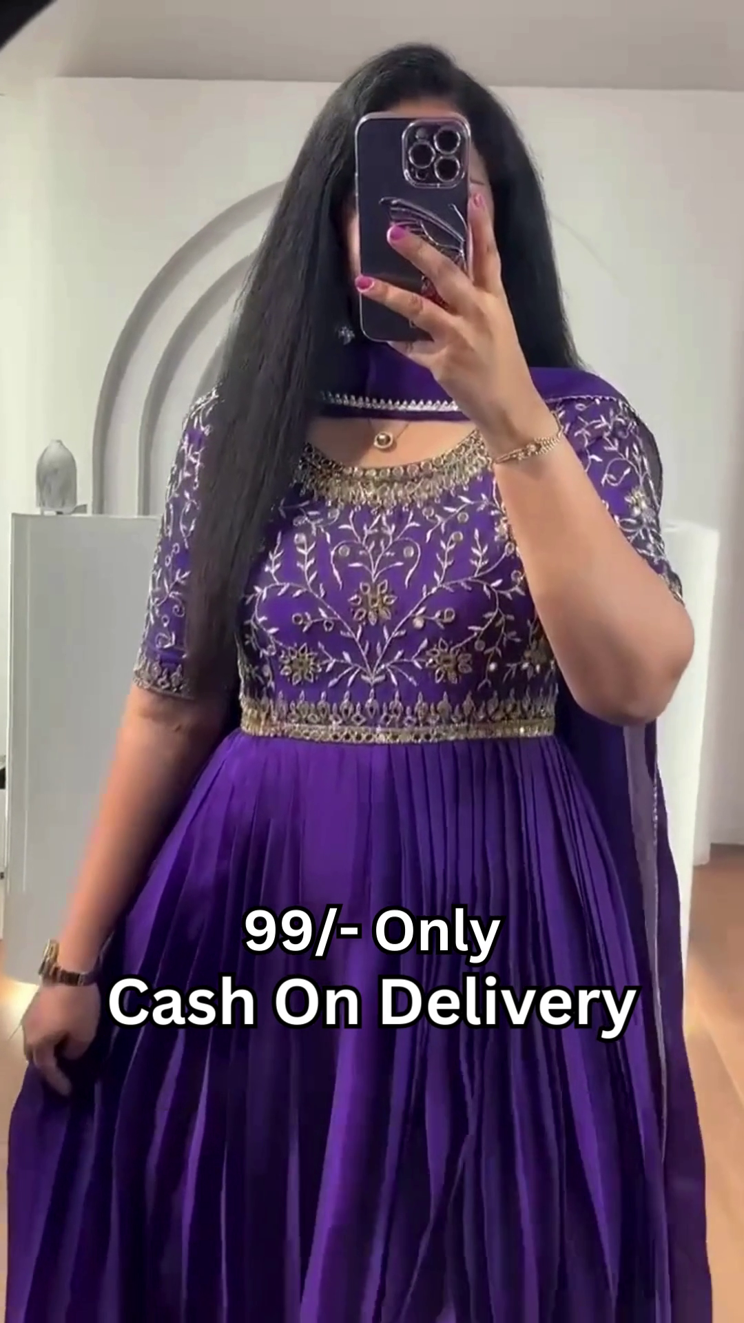 Royal Purple Pleated Anarkali Gown with Mirror Work - Image 2
